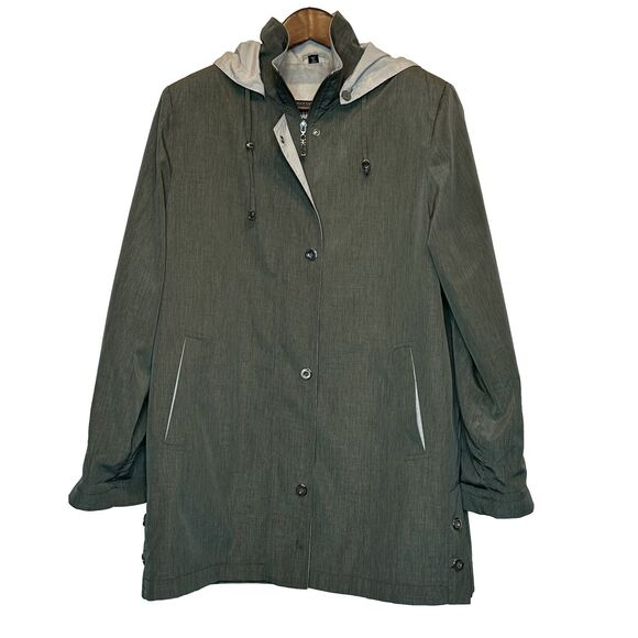 Manteaux Women's Rain Jacket SMALL Green Khaki Zip Snap Hooded Lined Rain Coat - Picture 1 of 11